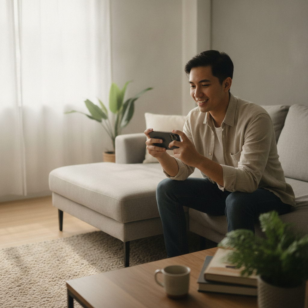 Filipino player holding smartphone to explore online casino registration